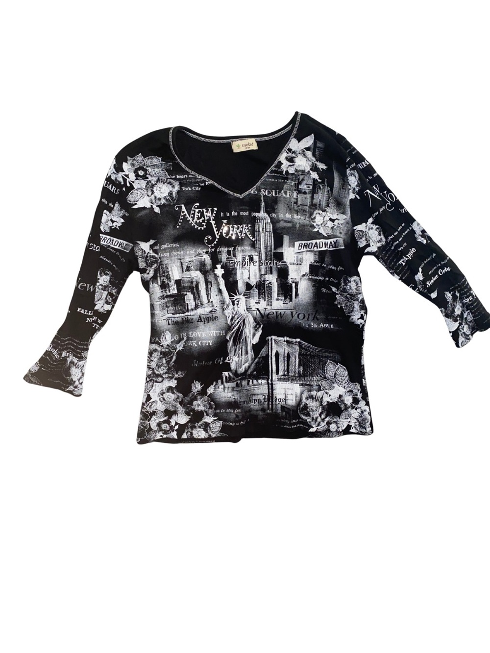 Cactus Womens Large Y2K New York NYC Rhinestone 3/4 Sleeve Graphic Shirt